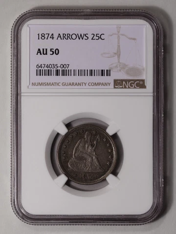 1874 ARROWS Seated Liberty Quarter 25C NGC AU50 Cover
