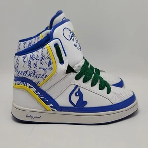 Sneakers alte donna gatto bambino Phat Y2K in pelle taglia 8 bianco blu giallo - Foto 1 di 13