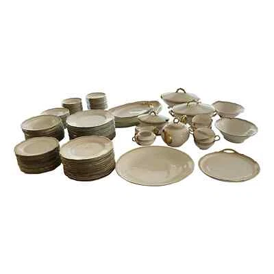 Limoges dinnerware set white and gold for 12, 104 pieces, includes 17 serving pc - Image 1 of 4