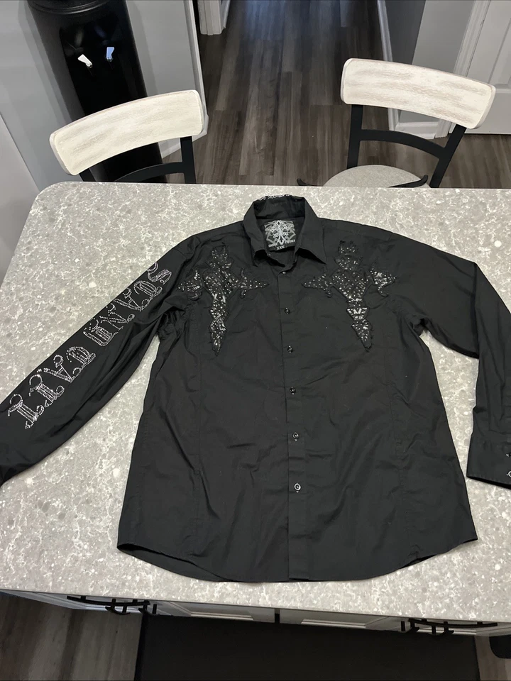 Camisa Roar Abotonada L/S Hombres Talla 2XL Tachonada Cruz Adornada Soporte Alta Negra Foto 1 de 4