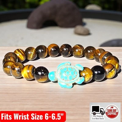 虎眼/蓝色绿松石 8 毫米海龟小饰品串珠手链手腕尺寸 6-6.5 — 第 1/2 张图片