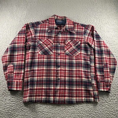 Pendleton Wool Board Shirt Mens M Red Navy Plaid Button Front Virgin Wool USA - Image 1 of 4