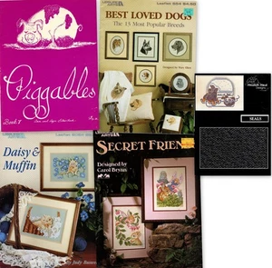 Lot of 5 Cross Stitch Leaflets Cats, Dogs, Bunnies, Pigs & Seals - Picture 1 of 8