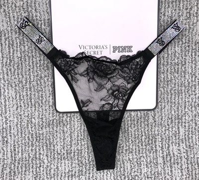 Victoria's Secret Muy Sexy Nuevo con Etiquetas Pequeño Negro Encaje Logo Brillo Correa Tanga Panty Foto 1 de 4