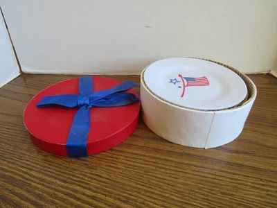Two Designs of Six Patriotic Red White & Blue Plastic 6-1/4" Plates In Holder - Image 1 of 4