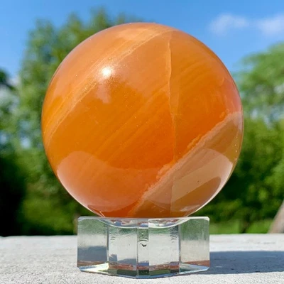 472G Natural Banded Orange Calcite Quartz Crystal Sphere Home Decor gift+stand - Image 1 of 4