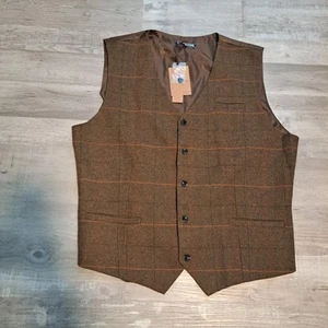 NWT Paul Jones Suit Waistcoat Vest XL Brown Wool Blend Herringbone Academic Prep - Picture 1 of 10