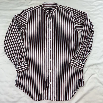 J Peterman Shirt Men's Size S Blue Red White Striped  No Collar Button Down LS - Image 1 of 4