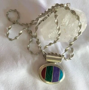 SS 925 Heavy 30” Rope Chain Necklace & AGC MEXICO Multi Stone Pendant - Picture 1 of 8