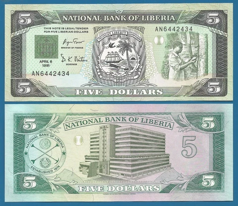 LIBERIA 5 Dollars P 20 1991 UNC Cover