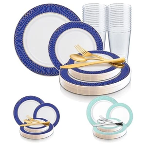 Disposable Plastic Dinnerware Wedding Party Package Spiral Rimmed Plates Set - Picture 1 of 26