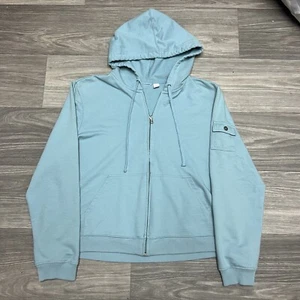 Vintage Hoodie Women XL Teal Blue Boxy Crop Fit Full Zip Up Skate Punk Y2K Blank - Picture 1 of 8