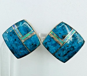 C. Webster Navajo Sterling Silver Clip Earrings Turquoise Opal Inlay Square - Picture 1 of 9