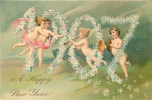 HAPPY NEW YEAR - 1907 - CHERUBS DANCE - PFB 6415 - EMBOSSED HOLIDAY POSTCARD - Picture 1 of 2