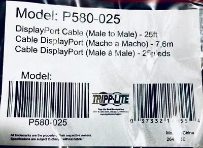 Tripp Lite P580-025 25' DisplayPort Cable - Black, New, Sealed, Free Shipping - Image 1 of 4