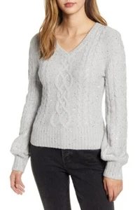 💕 RACHEL PARCELL 💕 XXS 💕 Sequin Puff Sleeve Sweater Grey Violet Top 💕#A126 - Bild 1 von 6