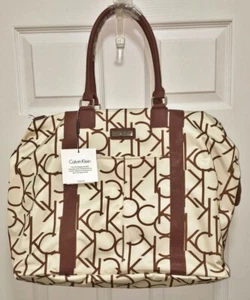 NEW CALVIN KLEIN CK Logo Travel Tote Bag Carry On Weekend Overnight Ivory Brown - Picture 1 of 7