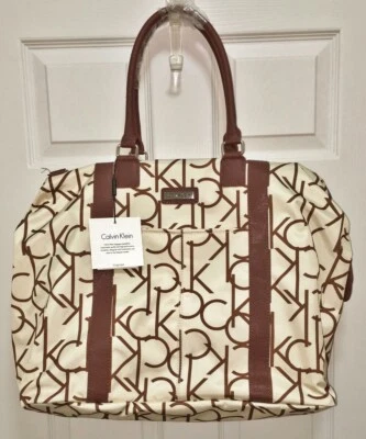 NEW CALVIN KLEIN CK Logo Travel Tote Bag Carry On Weekend Overnight Ivory Brown - Image 1 of 4