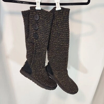 UGG Australia Cardy Clásico Alto Tejido Calcetines Suéter Botas Para Mujer Talla 7 Negro  Foto 1 de 4