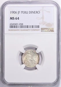 Peru Silver 1906 JF 1 Dinero NGC MS64 Seated Liberty - Very Scarce - Pop 10/18 - Picture 1 of 4