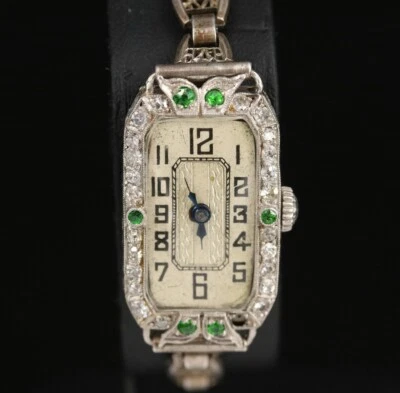 Reloj mecánico Art Deco antiguo vintage platino diamante y tsavorita Foto 1 de 4