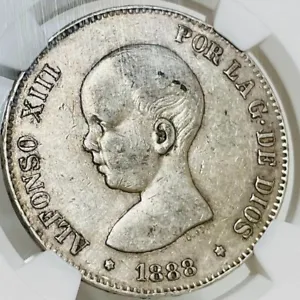 Infant King 1888 Spain 5 Peseta Silver Coin NGC XF40 Alfonso XIII - Picture 1 of 9