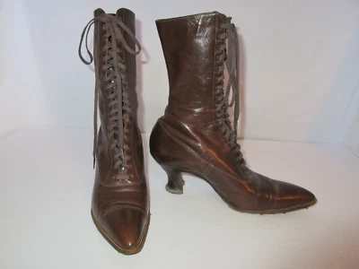Antiguo 1900 Eduardian Utz & Dunn Cuero Marrón Alto Botas con Cordones Zapatos Foto 1 de 4