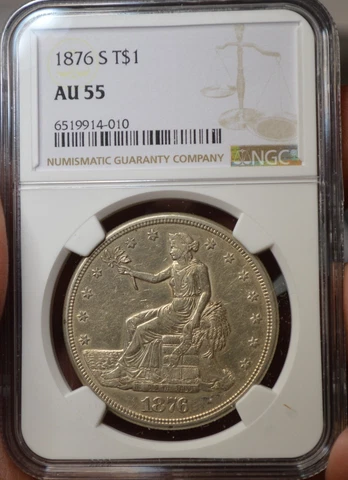 1876 S TRADE DOLLAR NGC CHOICE ABOUT UNCIRCULATED 55 WONDERFULLY ORIGINAL WITH Cover