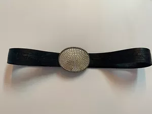 WOMENS TRES FLORES BLACK LEATHER EMBOSSED DESIGN BELT W/RHINESTONE BUCKLE SZ 32 - Picture 1 of 7