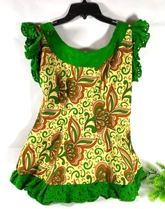 Vintage Handmade Women's Green & Yellow Hippie Top Size Medium Zip Back Floral - Picture 1 of 9