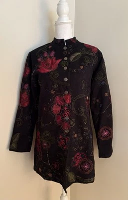 Chico’s Embroidered Jacket Boho Floral Art To Wear Button Black Chicos Size 1/S - Изображение 1 из 4