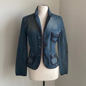 United Colors Of Benetton Denim Jacket Womens Sz 8 Blue Distressed Y2K Patchwork - Picture 1 of 9