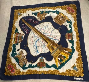 Parigi Torre Eiffel Bellissima Sciarpa 30" Quadrata Navy Oro Rosso Acquistata in Francia - Foto 1 di 7