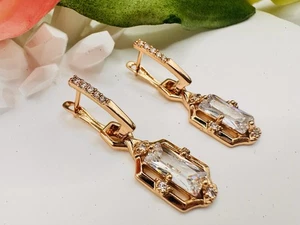 18k Gold Plated Dangle Clear Zirconia Fashion Hypoallergenic Earrings - Picture 1 of 3