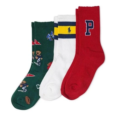 Polo Ralph Lauren Niños 3 Pares Calcetines Crew Zapato Talla 4-10 Fútbol Polo Oso Nuevo con Etiquetas Foto 1 de 4