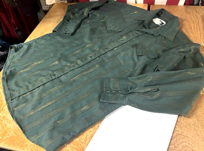 Винтажный 90-х Panhandle тонкий зеленый золотой мишуры полоски жемчуг Snap Western рубашка мужская L - Изображение 1 из 4