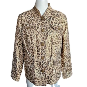 Chico's Gold Metallic Leopard Print Stretch Cotton Utility Jacket Sz 1 (M/8)  - Picture 1 of 16