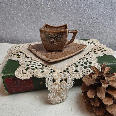 Vintage Mini Rustic Ceramic Pinecone Cup & Saucer Set Woodland Nature Inspired - Image 1 of 4