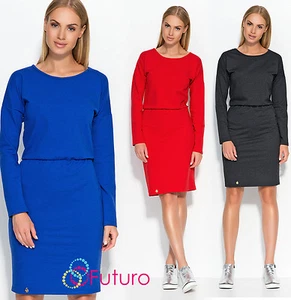 Damen Arbeit Büro Rundhals Langarm Knielang Elastische Taille Kleid FA532 - Bild 1 von 8