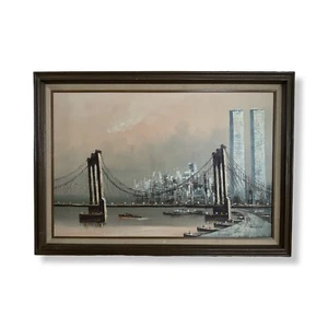 Vintage NYC Twin Towers & Brooklyn Bridge Oil Painting by Giacomo, Framed 1970s - Picture 1 of 14