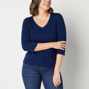St. John's Bay Misses Size S (4-6) Soft Cotton 3/4 Sleeve V-Neck T-Shirt-- Navy - Picture 1 of 6