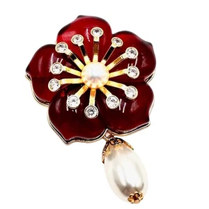 Catwalk Jon Designer Red Clear Crystal Pearl Large Flower Gold Tone Brooch Pin - Picture 1 of 3