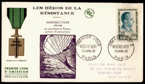 France 1959 FDC Resistance Heros - Médéric Vedy w/cachet Medal of Resistance - Picture 1 of 3