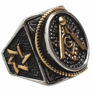 Men Masonic Ring Square G & Pillars Freemason Master Mason Gold Tone Size 7-14 - Picture 1 of 11