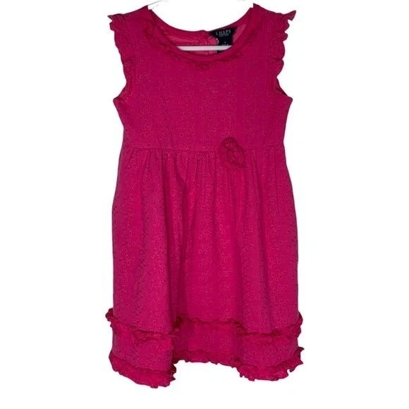 Vestido de verão Chaps meninas tamanho 5 ilhós renda rosa algodão babados crianças - Imagem 1 de 4