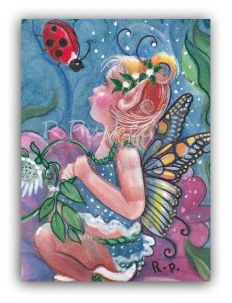 aceo original art, cute toddler Fairy and ladybug..mini painting - Image 1 of 1
