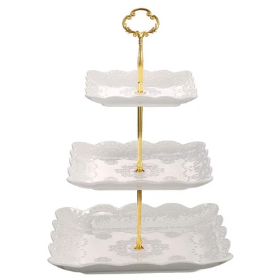 3 Tier Porcelain Cupcake Stand Tiered Serving Cake Stand Square White Embossed - Image 1 of 4