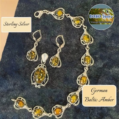 Juego de brazalete, colgante, pendientes vintage de plata de ley 925 de ámbar báltico alemán Foto 1 de 4