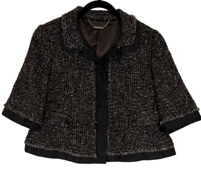 Chaqueta Blazer Elie Tahari Mezcla Lana Alpaca Tweed Recortada Manga Corta Marrón Usada en Excelente Condición Foto 1 de 4