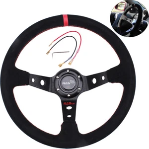 14INCH Suede Leather Racing Car Steering Wheel 93mm Deep Dish Drifting Universal - Picture 1 of 9